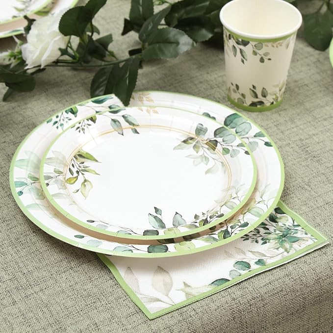 Green Party Plates Supplies, Sage Green Paper Eucalyptus Leaf Plates and Napkins, Disposable Tableware, Cups, Napkins for Jungle Boho Party,Baby Shower, Bridal Shower, Birthday Supplies Serve 24