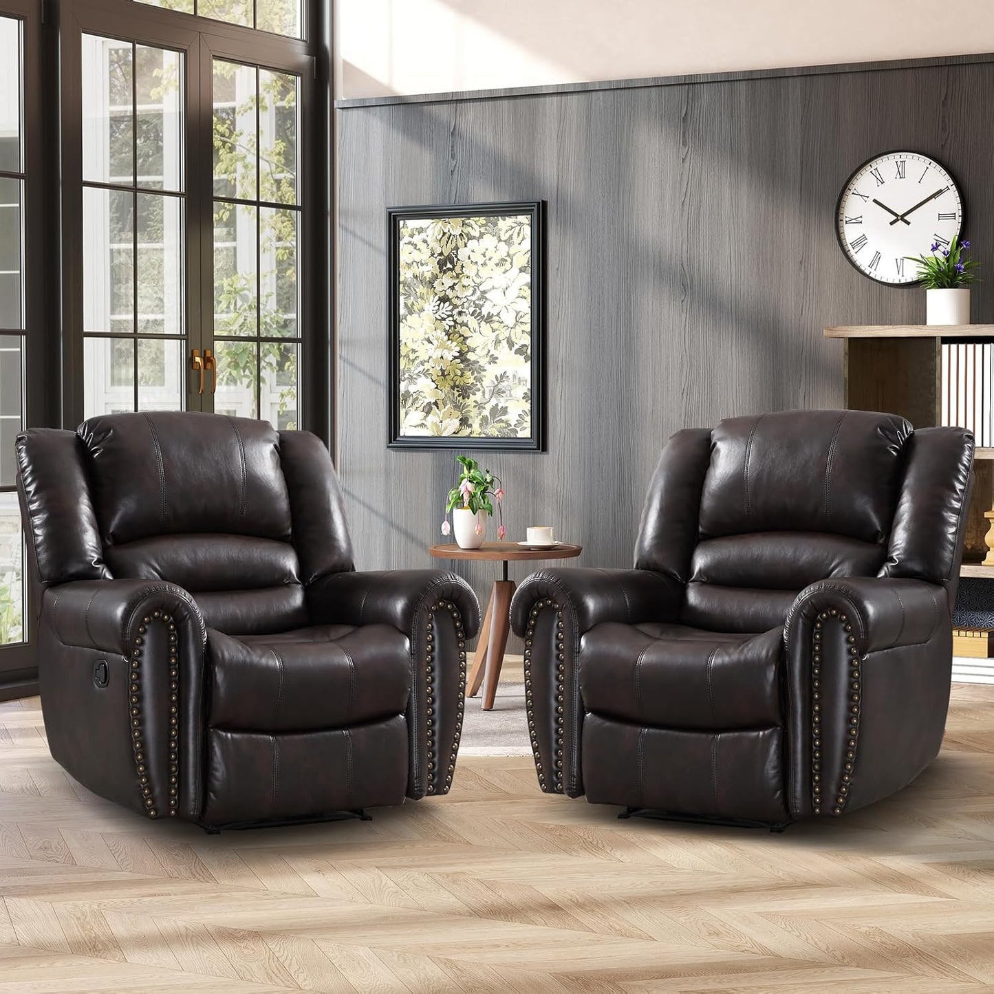 CANMOV Leather Recliner Chair Set of 2, Classic and Traditional Manual Recliner Chair with Comfortable Arms and Back,Manual Single Recliner Sofa for Living Room, Dark Brown