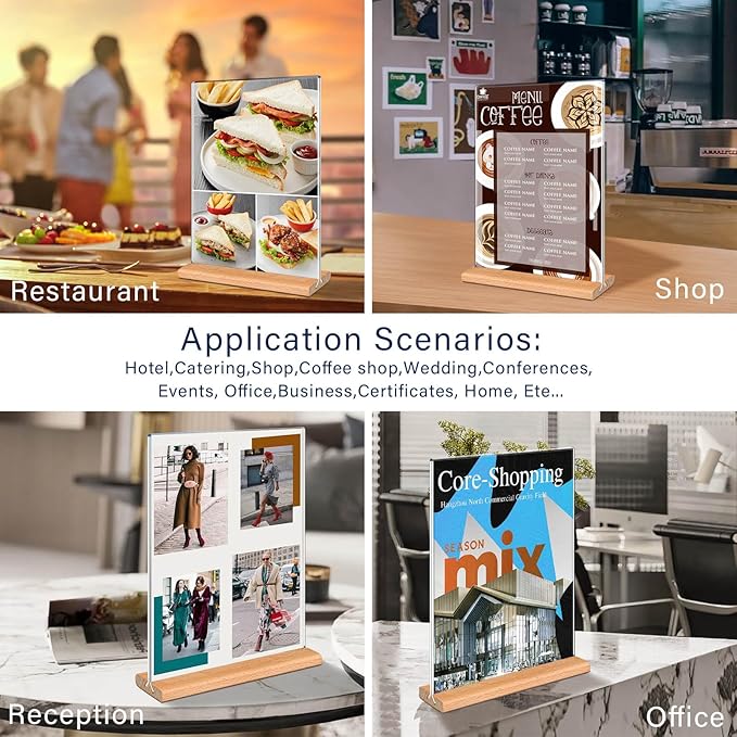 Kersally Acrylic Sign Holder 5 x 7, 6 Pack Double-Sided Clear Table Display Stands with Wood Base,Vertical Acrylic Frame Menu Flyer Paper Holder for Stores, Restaurants, Hotels, Office, Show Fair