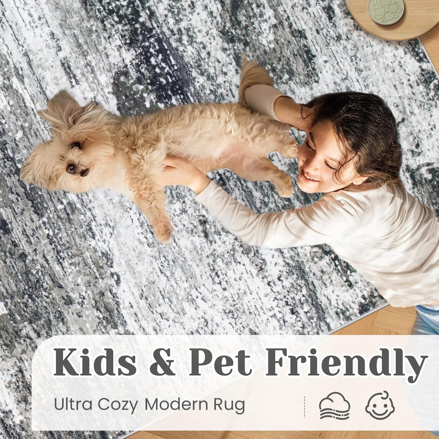 Washable Rug 5x7 Area Rugs for Living Room: Neutral Soft Rug Abstract Non Slip Low Pile Modern Carpet for Bedroom Kitchen Nursery Office Dining Room Indoor (Black, 5'x7')