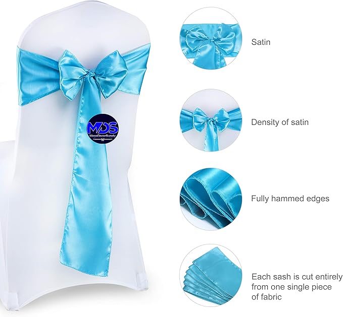 MDS Pack of 300 PCS Satin Chair Sashes Charmeuse Sateen Dining Chair Bows Ribbon Ties Back Sash for Wedding Party Birthday Home Hotel Restaurant Banquet Decoration (7 x 108 Inch, Turquoise)