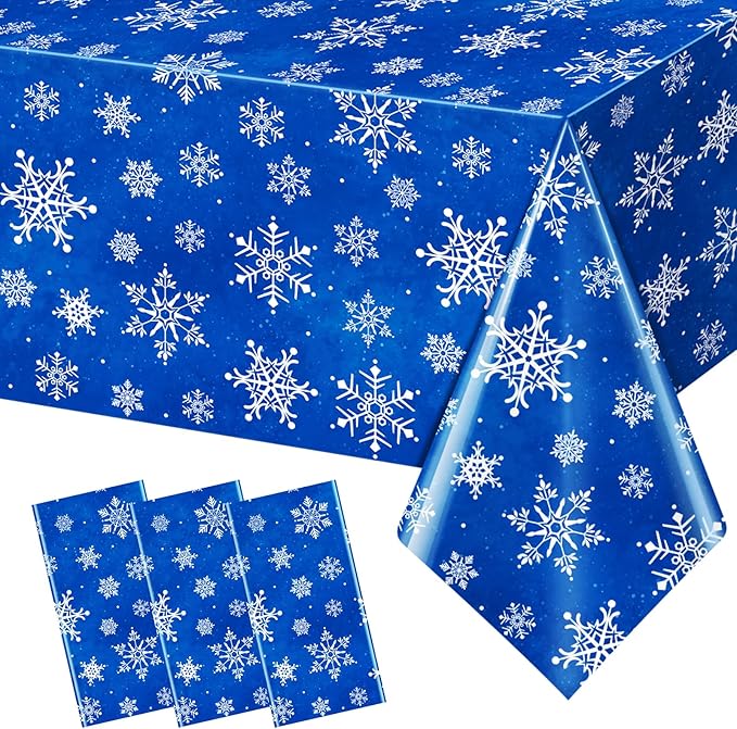 Jectivs 3 Pieces Christmas Snowflake Plastic Party Tablecloth Decorations,White Snowflake Blue Xmas Backdrop Sign Table Cover Banner for Winter Christmas Holiday Party Supplies,54x108 inch (Blue)