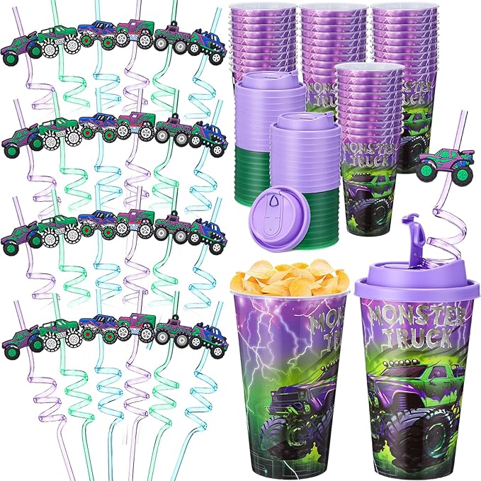 Yungyan 36 Sets Green Purple Monster Truck Party Favors Goodie Cups with Lids and Straws for Halloween Party Decorations Reusable 16oz Plastic Candy Cups Plastic Straws for Birthday Gift(Truck)