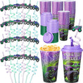 Yungyan 24 Sets Green Purple Monster Truck Party Favors Goodie Cups with Lids and Straws for Halloween Party Decorations Reusable 16oz Plastic Candy Cups Plastic Straws for Birthday Gift(Truck)