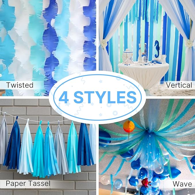PartyWoo Blue Crepe Paper Streamers 4pcs 328ft Pack of Pearl Blue Crepe Paper Streamers for Birthday Gender Reveal Baby Shower Wedding Graduation Pool Mermaid Under The Sea Theme Party Decorations