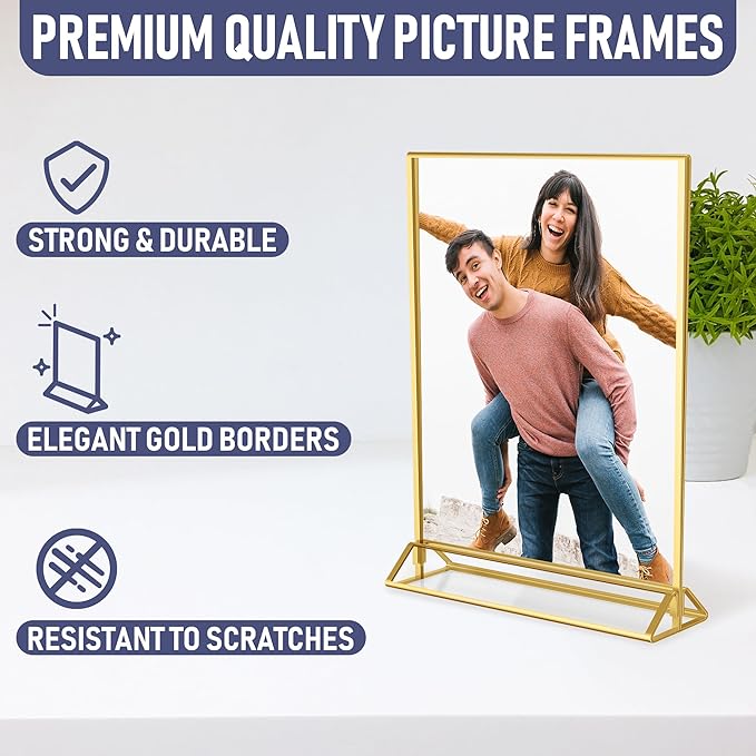 Gold Picture Frames Double-Sided, 6-Pack 8.5x11 Acrylic Table Number Holders, Clear Easel Stands for Signs, Gold Frames for Wedding Table Numbers, Menu Holders, and Photo Displays for Events and Décor