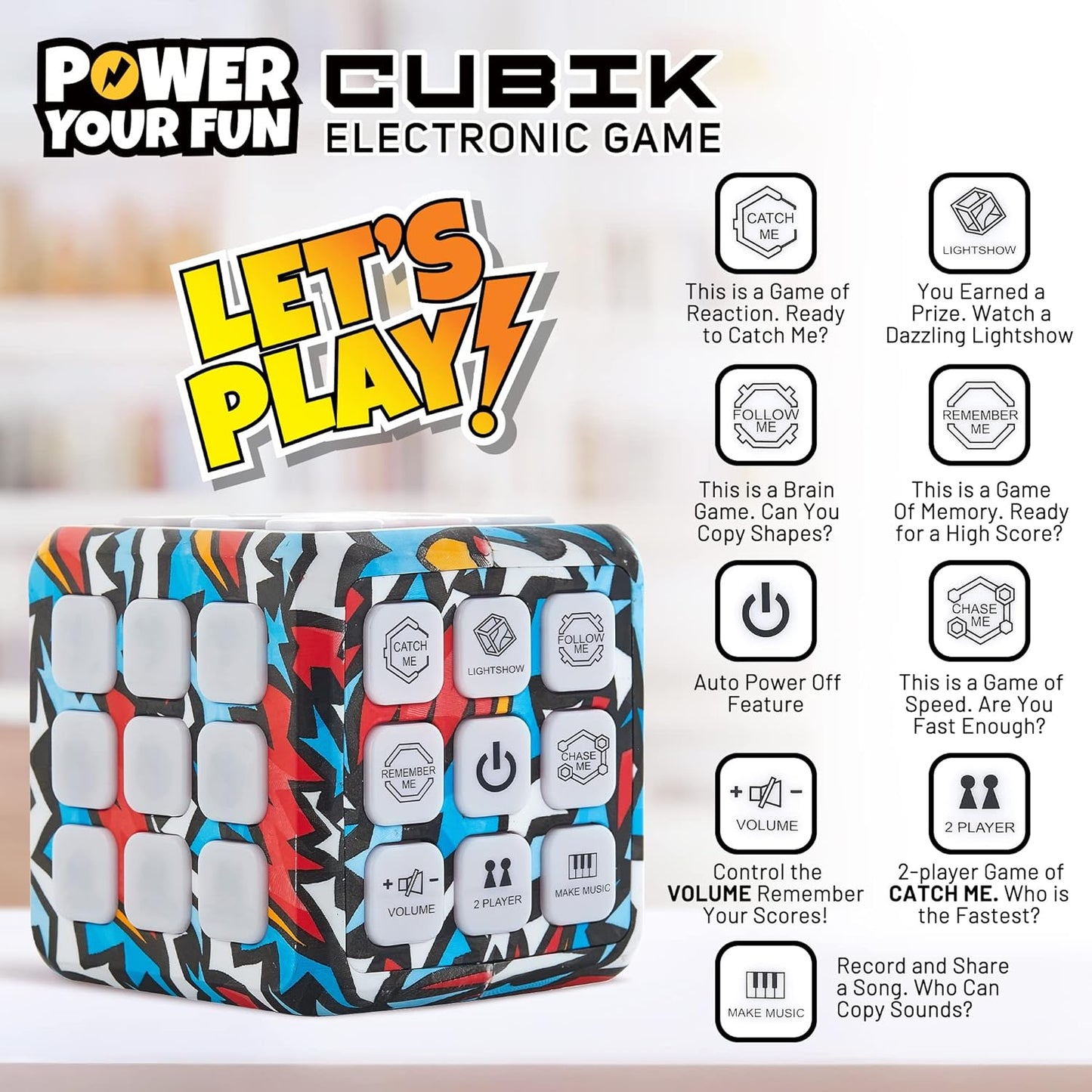Power Your Fun Cubik LED Flashing Cube Memory Game - Electronic Handheld Game, 5 Brain Memory Games for Kids, STEM Sensory Toys Brain Play Puzzle Fidget Light Up Cube Stress Relief Fidget Toy (Action)