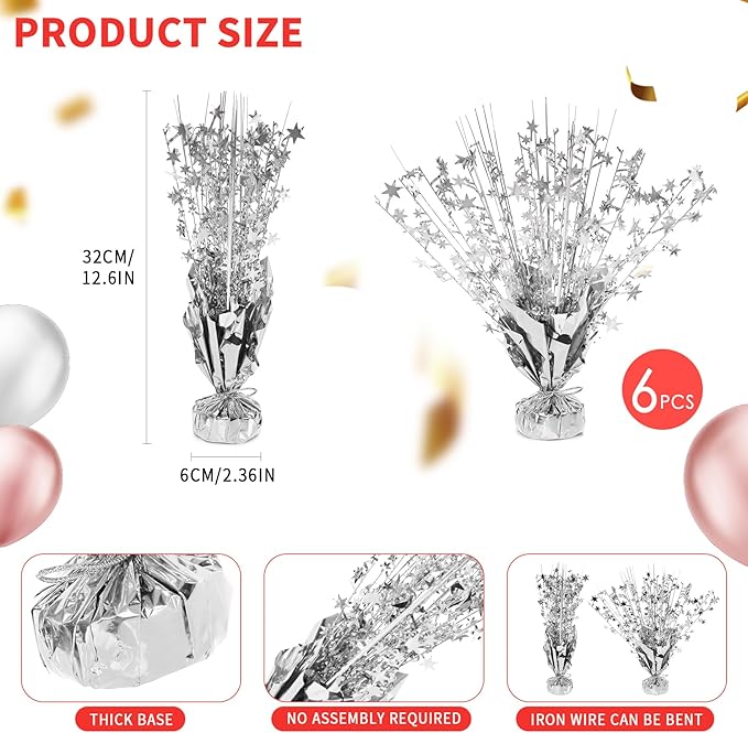 6 Pack Star Table Centerpieces for Party, Birthday Table Decorations for Kids Adults, Party Centerpieces for Tables for Wedding Baby Shower Graduation Holiday Event (Silver)