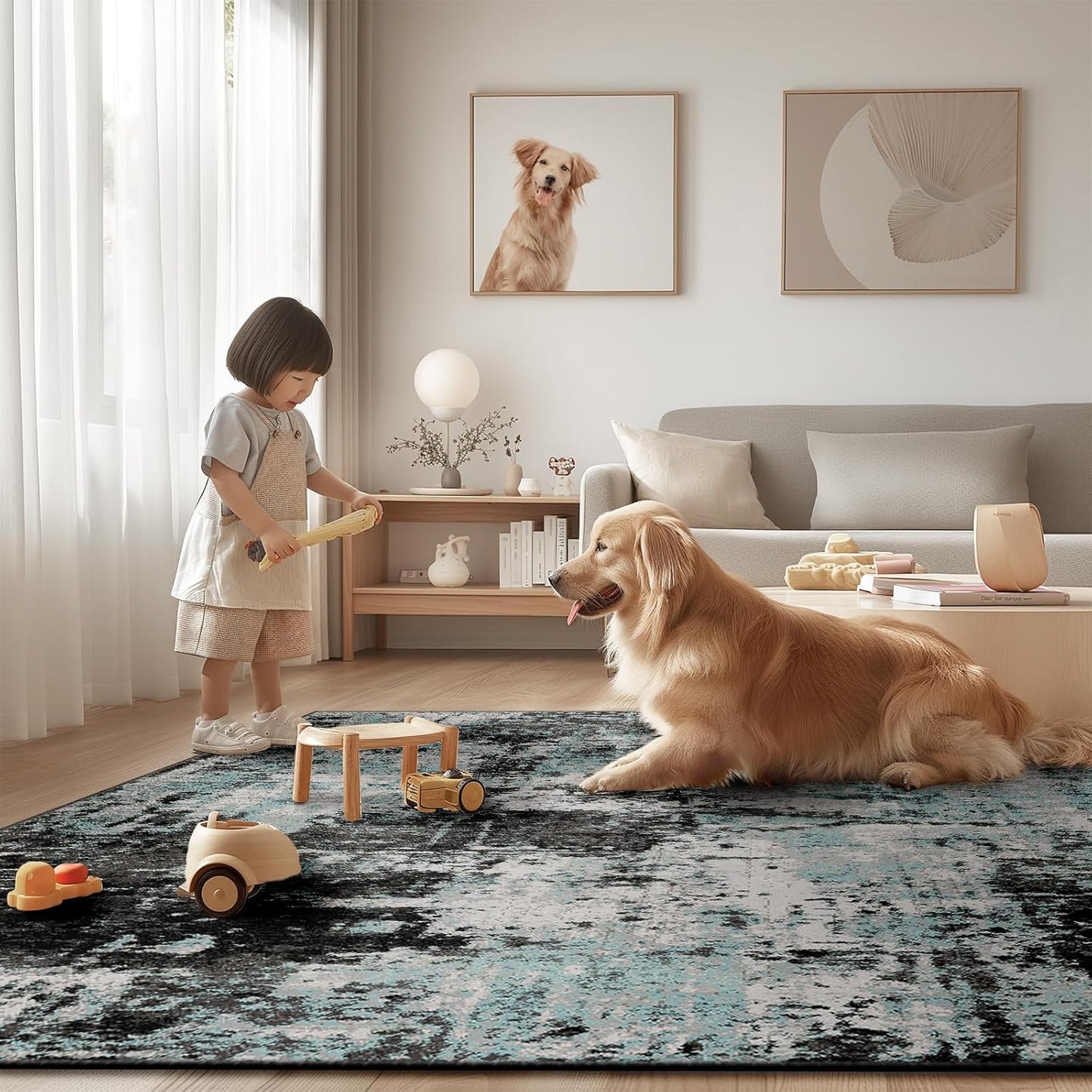 Washable Area Rugs 6ft Non-Slip Modern Abstract Soft for Living Room Entryway Bedroom Nursery, Print Pattern, Blue Black Teal