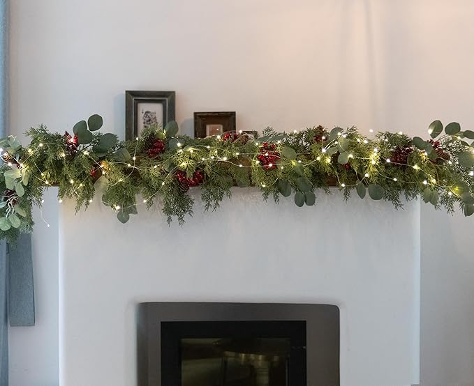 6.3FT Christmas 144 Branch Tips Cedar Garland with LED String Lights, Anna's Whimsy Seasonal Artificial Pine Cypress Garland, Holiday Indoor Outdoor Christmas Decor