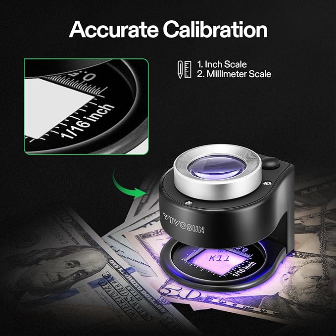 VIVOSUN 30X Rechargeable Loupe Magnifier with White LED Light and UV Light, Portable Magnifying Glass with Optical Glass Lens & Scale for Jewelry, Textile, Gems, Stamps, Coins and Plants