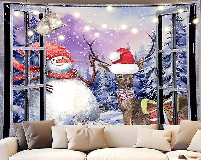 QGHOT Christmas Window Tapestry Wall Hanging Christmas Backdrop Winter Window Wall Decor Xmas Snowman Deer Tapestries for Bedroom Living Room Dorm Holiday Party Decoration, Large