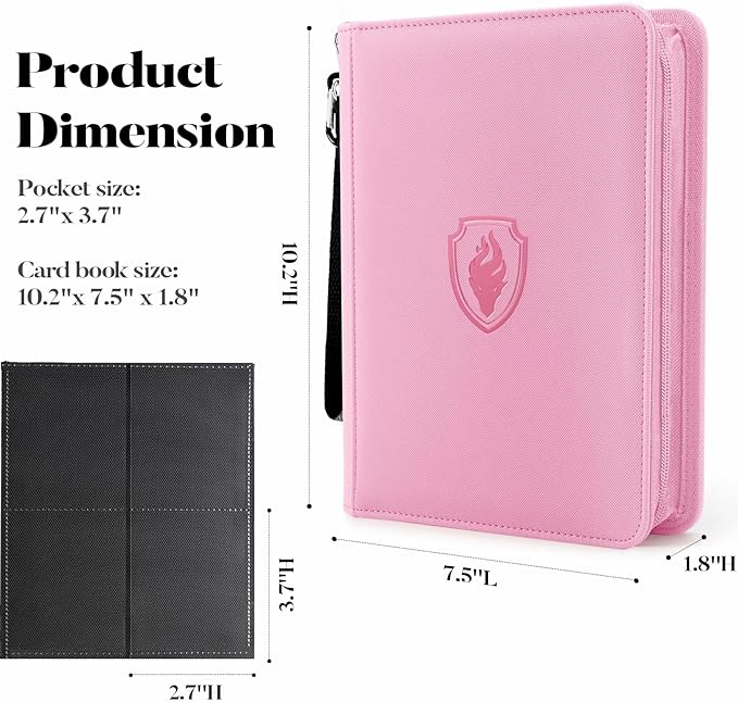 Premium 4 Pocket Zip Card Binder, Trading Card Binder for 320 Cards, Portable PU Card Collection Binder, Collector Card Album Folder for MTG, TCG, Sports Cards, Game Cards (Pink)