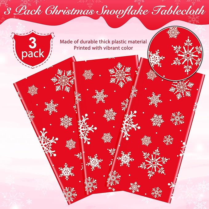 Jectivs 3 Pieces Christmas Snowflake Plastic Party Tablecloth Decorations,White Snowflake Red Xmas Backdrop Sign Table Cover Banner for Winter Christmas Holiday Party Supplies,54x108 inch (Red)