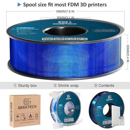 Geeetech TPU Filament 1.75mm, Shore 95A Flexible 3D Printer Filament with High Elasticity, 1KG (2.2lbs) Spool, Dimensional Accuracy ±0.03mm, Fits Most FDM Printers, Clear Blue