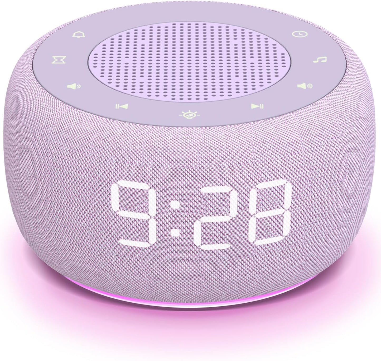 Buffbee Sound Machine & Alarm Clock 2-in-1, 0-100% Clock Face Brightness, Bottom Colored Light, Sleep Timer, Precise 30-Level Volume White Noise Machine, Digital Alarm Clocks for Bedrooms - Purple