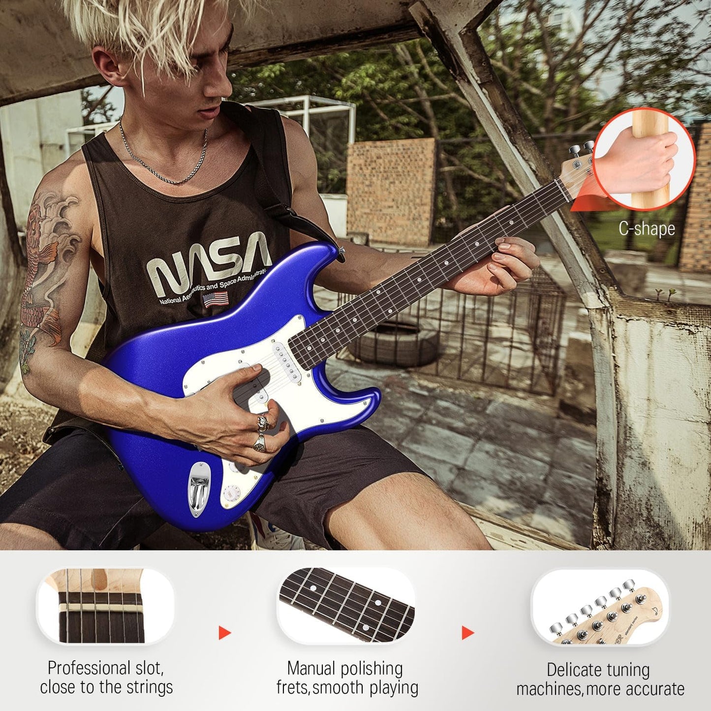 Donner 39-Inch Electric Guitar Kit - Purple Sapphire Blue HSS Pickup, Amplifier, Lessons, Bag, Tuner, Capo, Strap, Cable, Picks