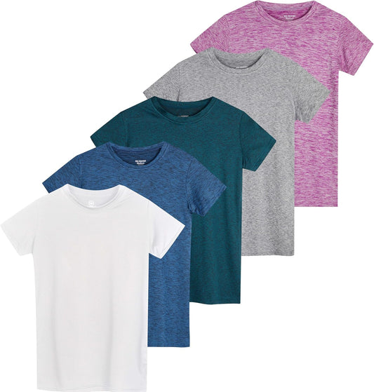 Real Essentials 5 Pack: Girls Short Sleeve Dry-Fit Crew Neck Active Athletic Performance T-Shirt