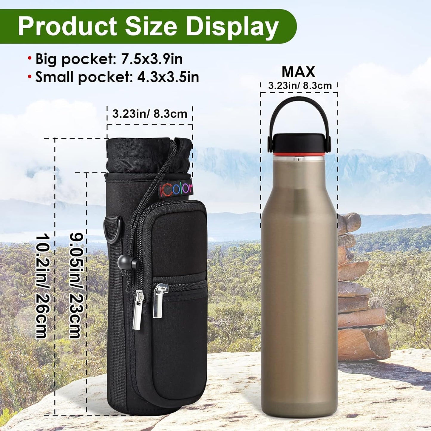 icolor Water Bottle Carrier Bag with Strap 25/32/40 oz Crossbody Bottle Holder with Phone Pocket Sling Sleeve Insulated Neoprene Water Bottle Pouch for Walking Travelling