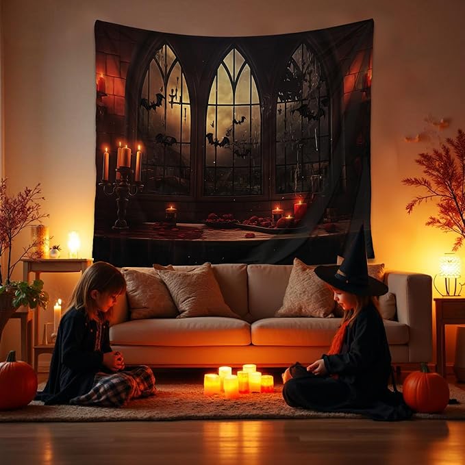 QGHOT Halloween Tapestry Wall Hanging Horror Castle Window Tapestry Gothic Spooky Backdrop Vampire Medieval Tapestries for Bedroom Living Room Dorm Wall Art Decor (59.1"x51.2")