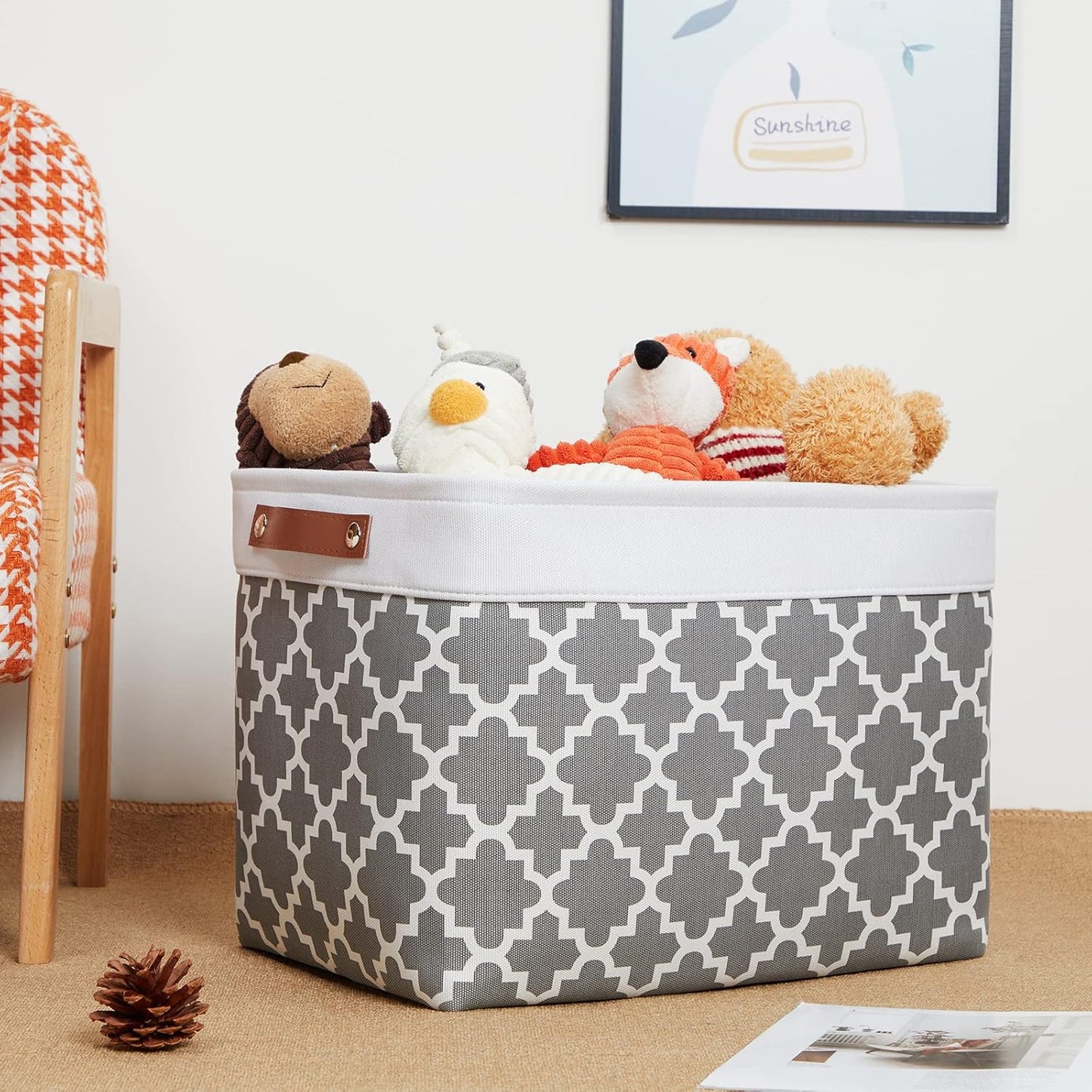 DULLEMELO Foldable Nursery Storage Baskets Canvas Storage Bins for Organizing 2 Pack Collapsible Home Organizer With Leather Handles (White&Lattice Grey)