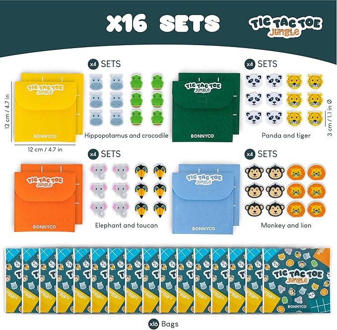 BONNYCO Tic Tac Toe Game Pack 16 Jungle Animals Kids Party Favors Safari Goodie Bags Stuffers for Kids 3-5 4-8, Goody Bag Stuffers Pinata | Return Gifts for Birthday Party, Mini Games Bulk Travel