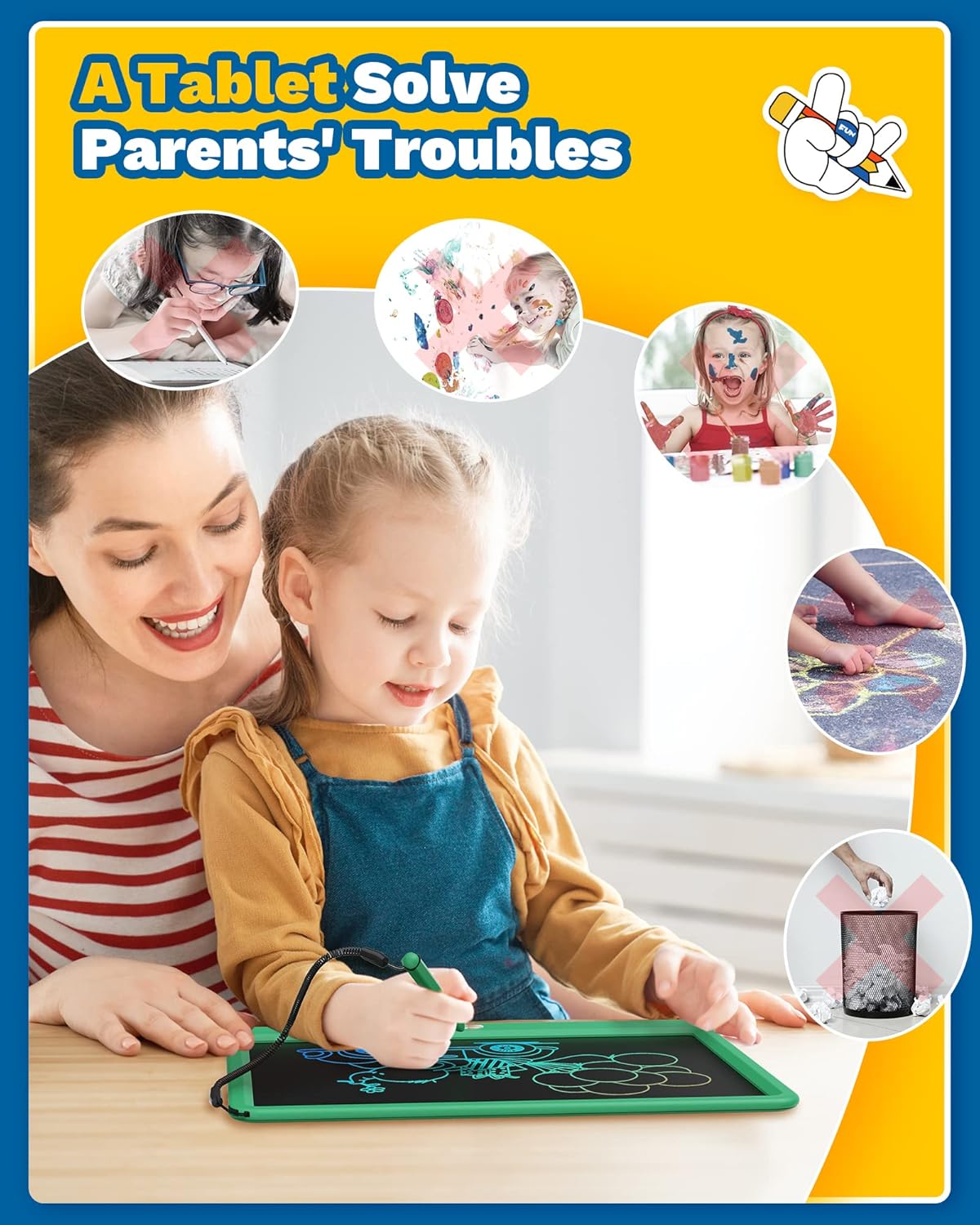 TEKFUN LCD Writing Tablet for Kids, 12inch Large Doodle Board Erasable Drawing Board, Zero Mess Coloring Travel Car Trip Toys for Toddler, Kids Birthday for Age 3-10 Boys & Girls