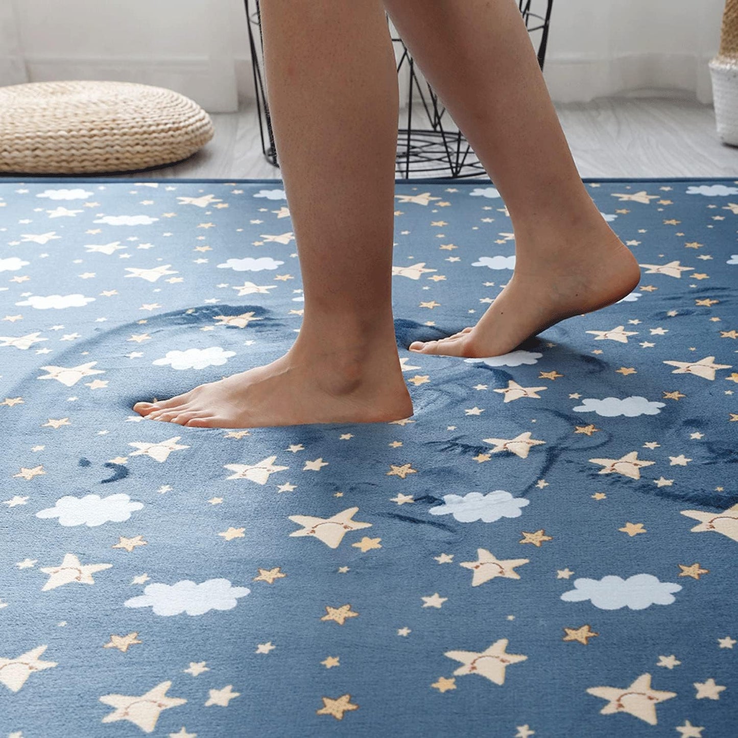 Loartee Coral Velvet Area Rug - 1" Thick Memory Foam Baby Play Mat, Washable Toddler Carpet, Home Decor for Living Room, Nursery, Kids Bedroom, Starry Blue, 5'11"x6'7"