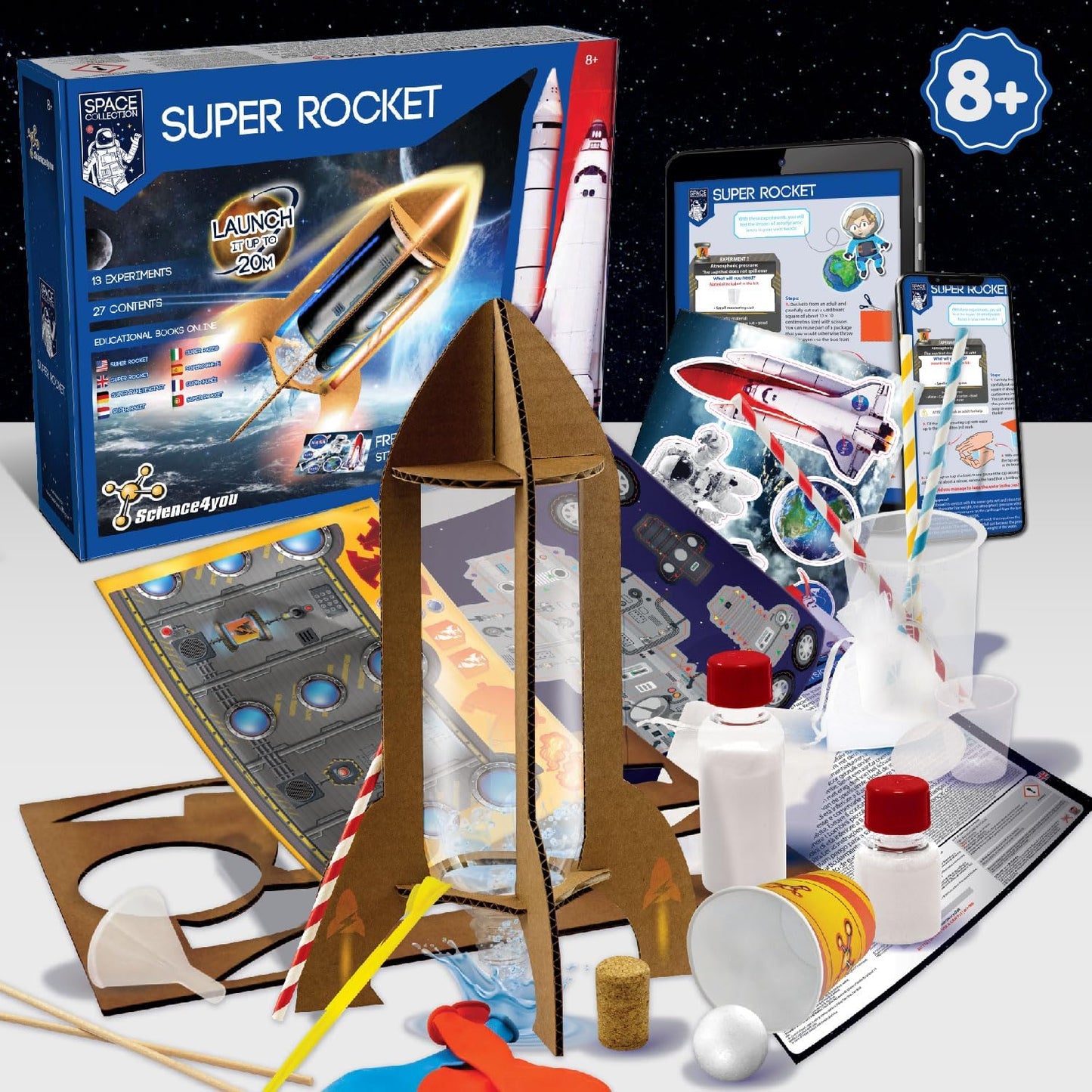 Science4you NASA Super Rocket Launcher - Space Game with 13 Experiments for Kids, Make Your Own Scientific Rockets and Launch Them up to 20 Metres High, Gift for Boys and Girls 8+ Years Old