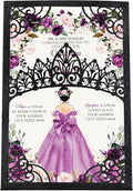 50Pcs Purple Crown Invitations for Quinceanera, 15 year, Sweet 16, Miss XV, Birthday Laser Cut Quince Invitation Cards Personalized Pearlized Black