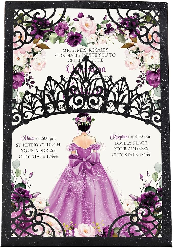 50Pcs Purple Crown Invitations for Quinceanera, 15 year, Sweet 16, Miss XV, Birthday Laser Cut Quince Invitation Cards Personalized Pearlized Black