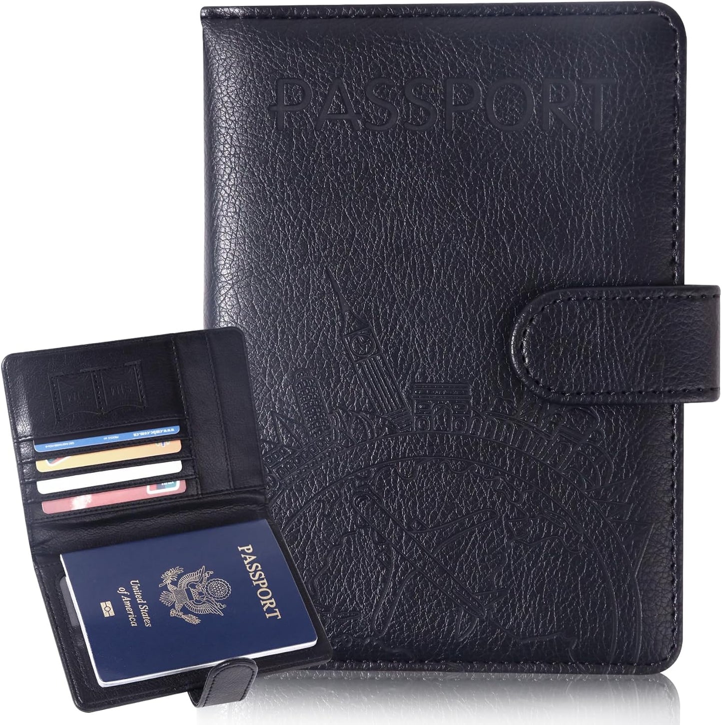 Passport Holder and Card Slot Combo RFID Blocking Leather Family Travel Passport Wallet Travel Accessories for Men Women US Passport Cover Protector (Travel black)