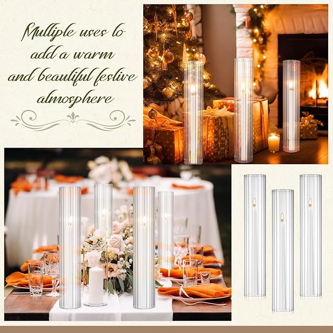 12 Pcs Hurricane Glass Candle Holders 2.5 x 14 Open Ended Tube Ribbed Shade Bottomless Chimney Cylinder Taper Candle Cover for Wedding Anniversary Table Centerpiece