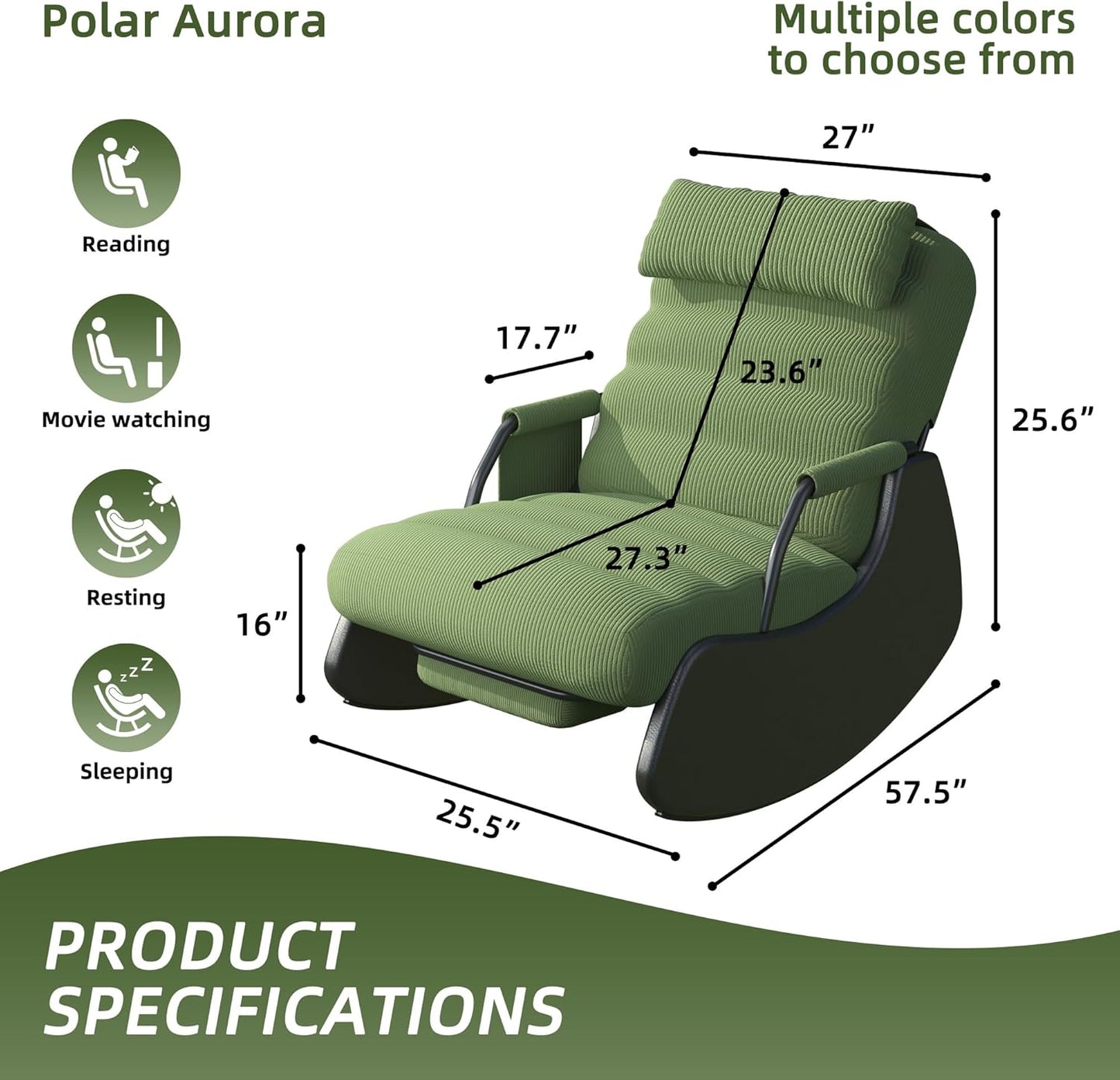 Polar Aurora Nursery Rocking Chairs with Soft Seat and Headrest,Corduroy Fabric Accent Chair with Side Pocket,Glider Rocking Chair for Bedroom/Living Room/Nursery. (Green/Black)