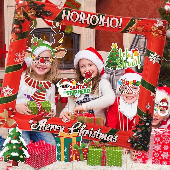 32 PCS Christmas Photo Props with Inflatable Selfie Photo Booth Frame - Funny Christmas Themed Photo Booth Selfie Frame Props for Adults Kids Red and Green Christmas Party Supplies Decorations