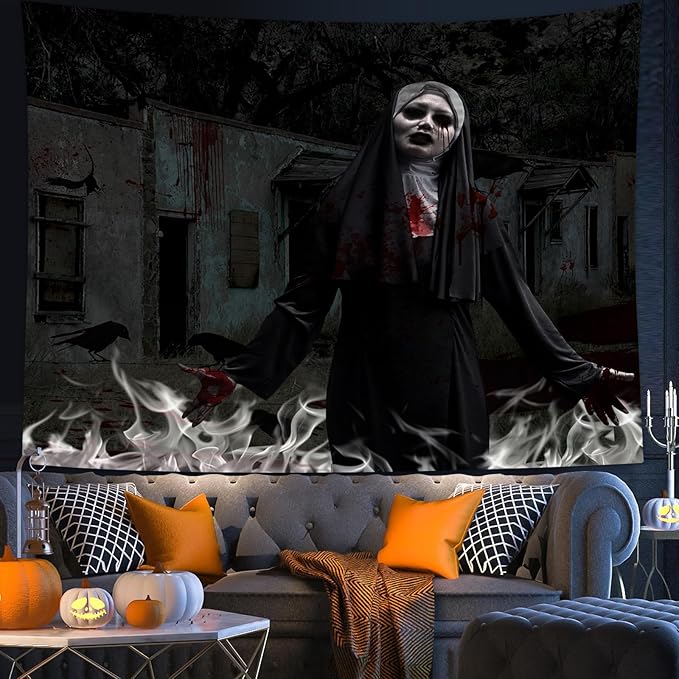 QGHOT Halloween Tapestry, Gothic Horror Movie Tapestry Wall Hanging Spooky Halloween Backdrop Creepy Scary Nun Haunted House Wall Decor for Bloody Party Decorations (59.1"x51.2")