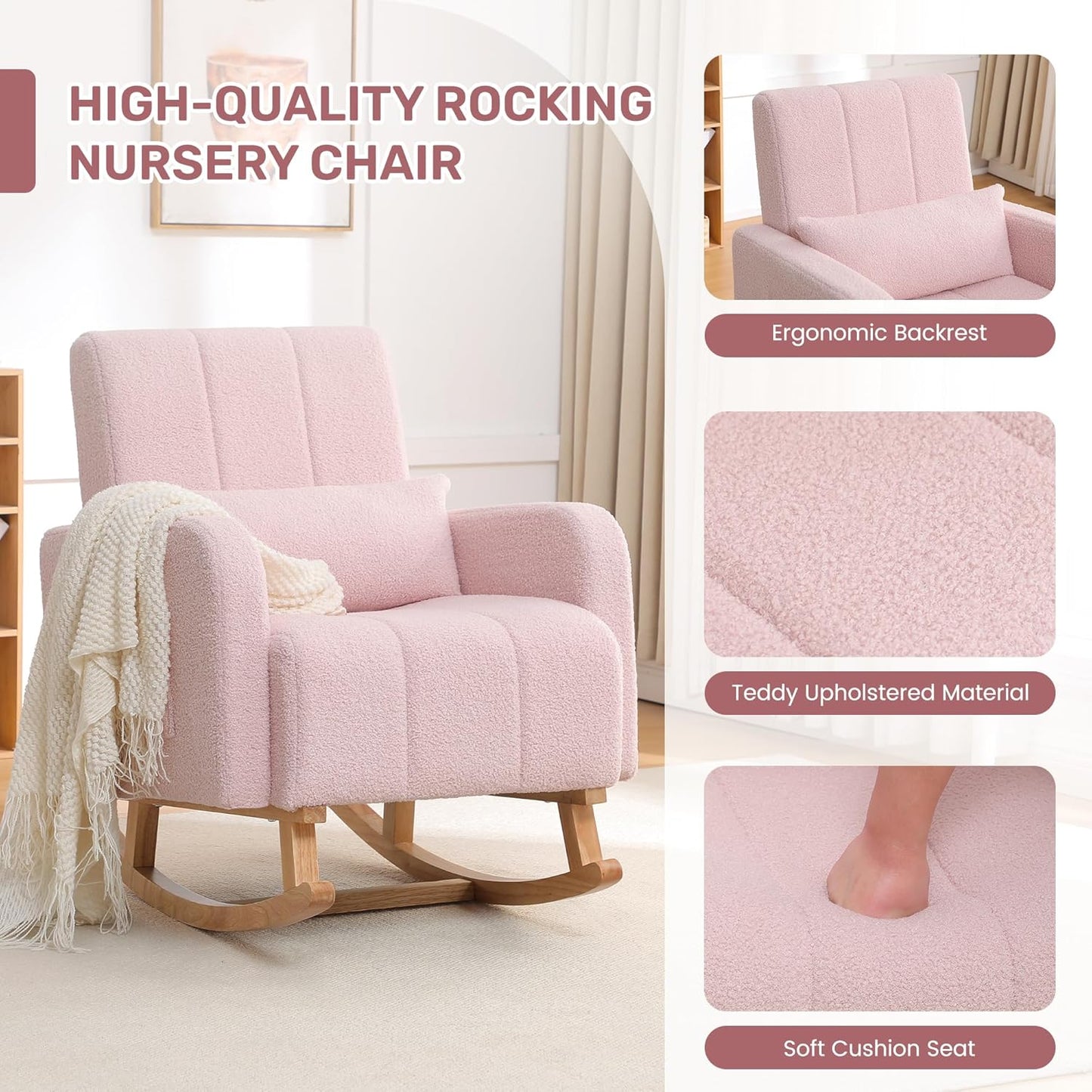 Rocking Chair with Ottoman, Upholstered Nursing Glider Rocker with High Backrest and Side Pocket, Comfy Reading Chair with Solid Wood Legs for Nursery/Living Room/Bedroom Pink