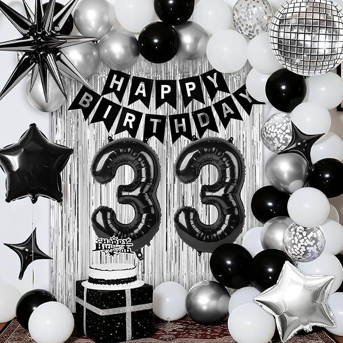 33rd Birthday Decorations for Men Women, Black Silver Happy Birthday Party Decorations， 33 Year Old Party Supplies with Number 33 Balloons, Banner, Fringe Curtains Kit