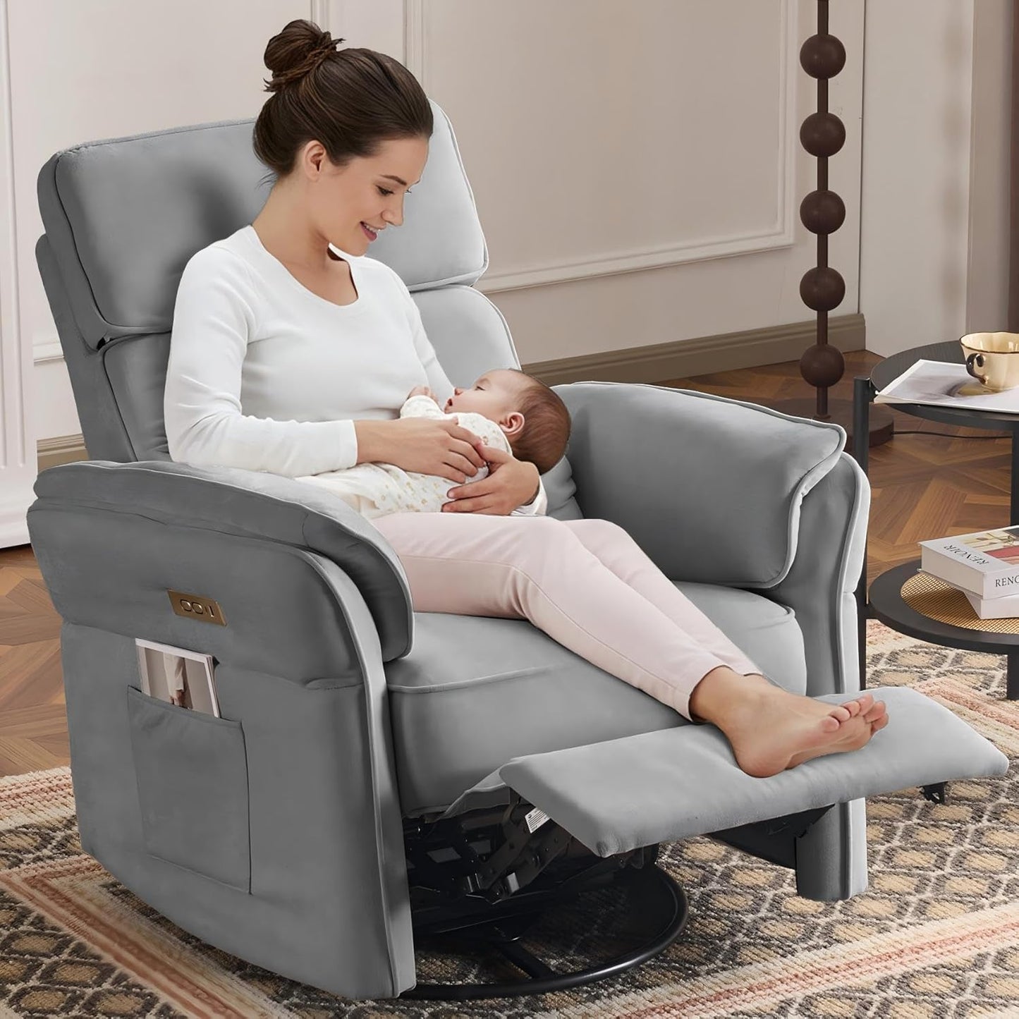 MELLCOM Power Recliner Rocking Chair Nursery Gliders with Adjustable Armrests and Headrest, Swivel Electric Glider Reclining Nursing Chair with USB Port and Storage Bags, FSC Certified