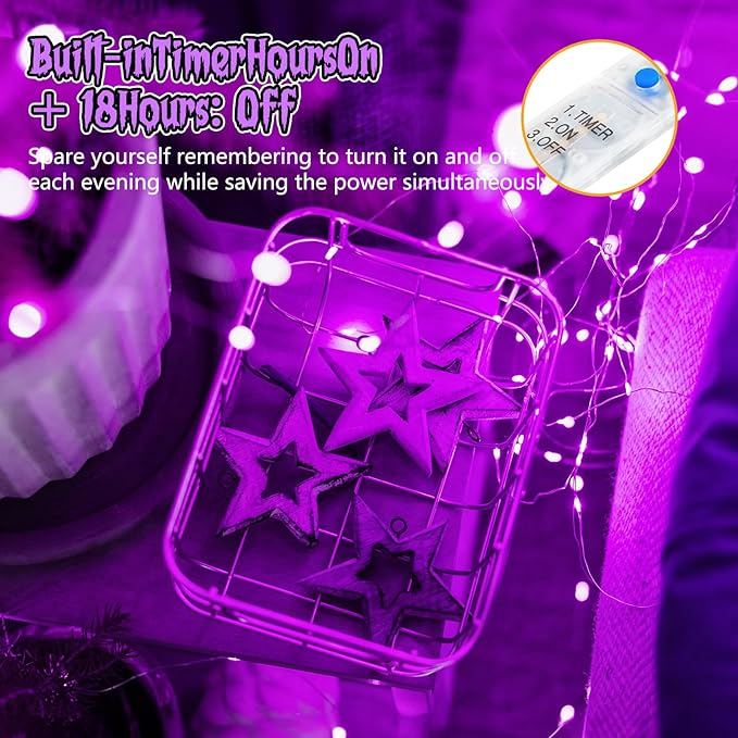 Minetom 6 Pack Purple Fairy Lights Battery Operated with Timer - 7ft 20 LED Waterproof Short Micro Firefly Lights for Halloween Decor, Pumpkin DIY Craft, Paper Lantern Decoration