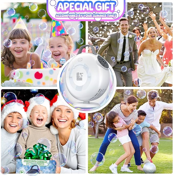 Bubble Machine, Automatic Bubble Blower for Kids Toddlers, 8000+ Bubbles Per Minute, 90° 200° Oscillating Electric Plug-in or Batteries Bubble Maker Toys for Outdoor Birthday Party - White