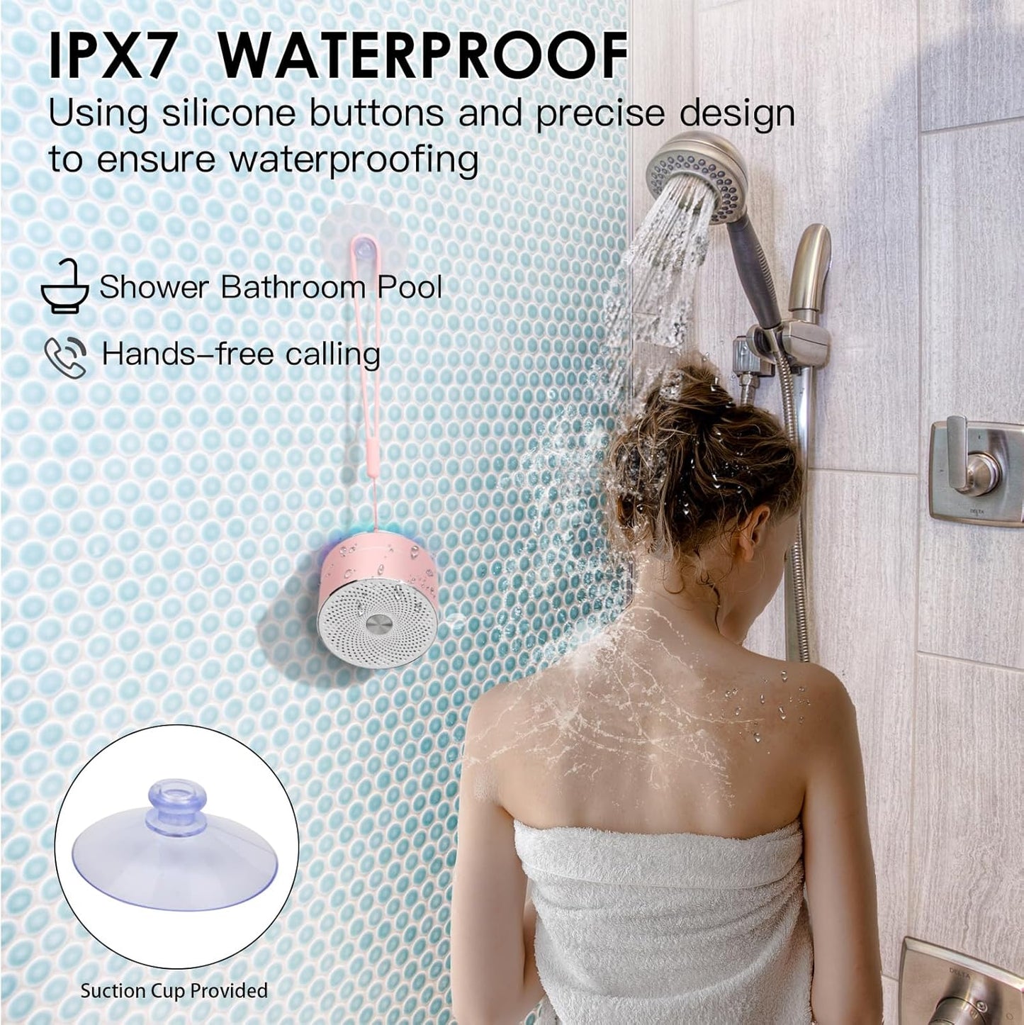 Mini Bluetooth Shower Speaker, IPX6 Waterproof Speaker, with RGB Lights, Mic, Portable Silicone Lanyard, Suction Cup, Clear Sound&Rich Bass, 12h Playtime, Small Pink Gifts for Girls Women