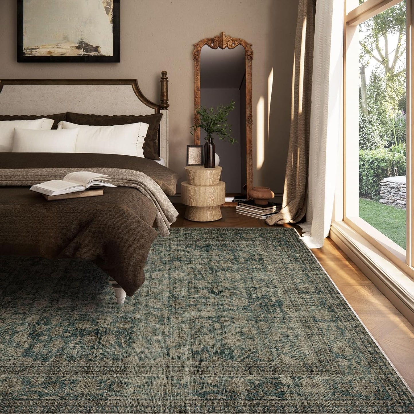 Washable Living Room Area Rug: 5x7 Rugs for Bedroom Vintage Stain Resistant Non Slip Low Pile Lightweight Boho Carpet for Kitchen Dining Room Farmhouse Kids Room Nursery