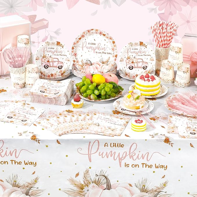452 Pcs Little Pumpkin Baby Shower Decorations for 50, Pink A Little Pumpkin Is on the Way Paper Plates Napkins Cups Tablecloth Cutlery Straws for Autumn Fall Thanksgiving Party Supplies