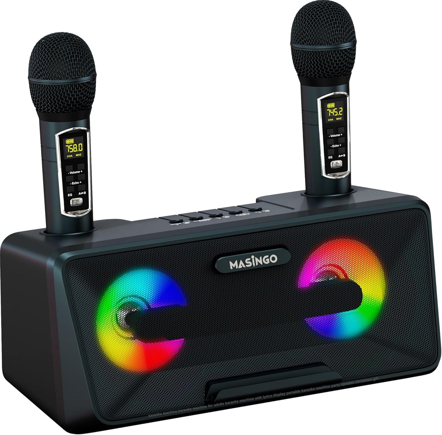 MASINGO Karaoke Machine for Adults and Kids with 2 Wireless Microphones, Portable Bluetooth Singing Speaker, Colorful LED Lights, PA System, Lyrics Display Holder, and TV Cable. Presto G2