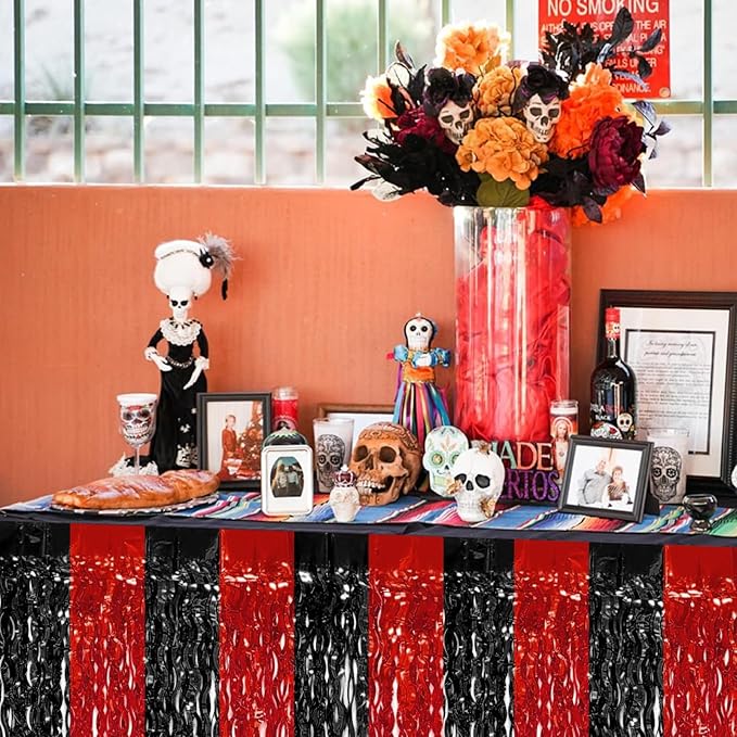 4P Wavy Metallic Tinsel Foil Fringe Table Skirts for Rectangle Tables Backdrop Garland Curtains for Parade Floats Wedding Birthday Parties Decoration Graduation 2025 Christmas (Black Red)