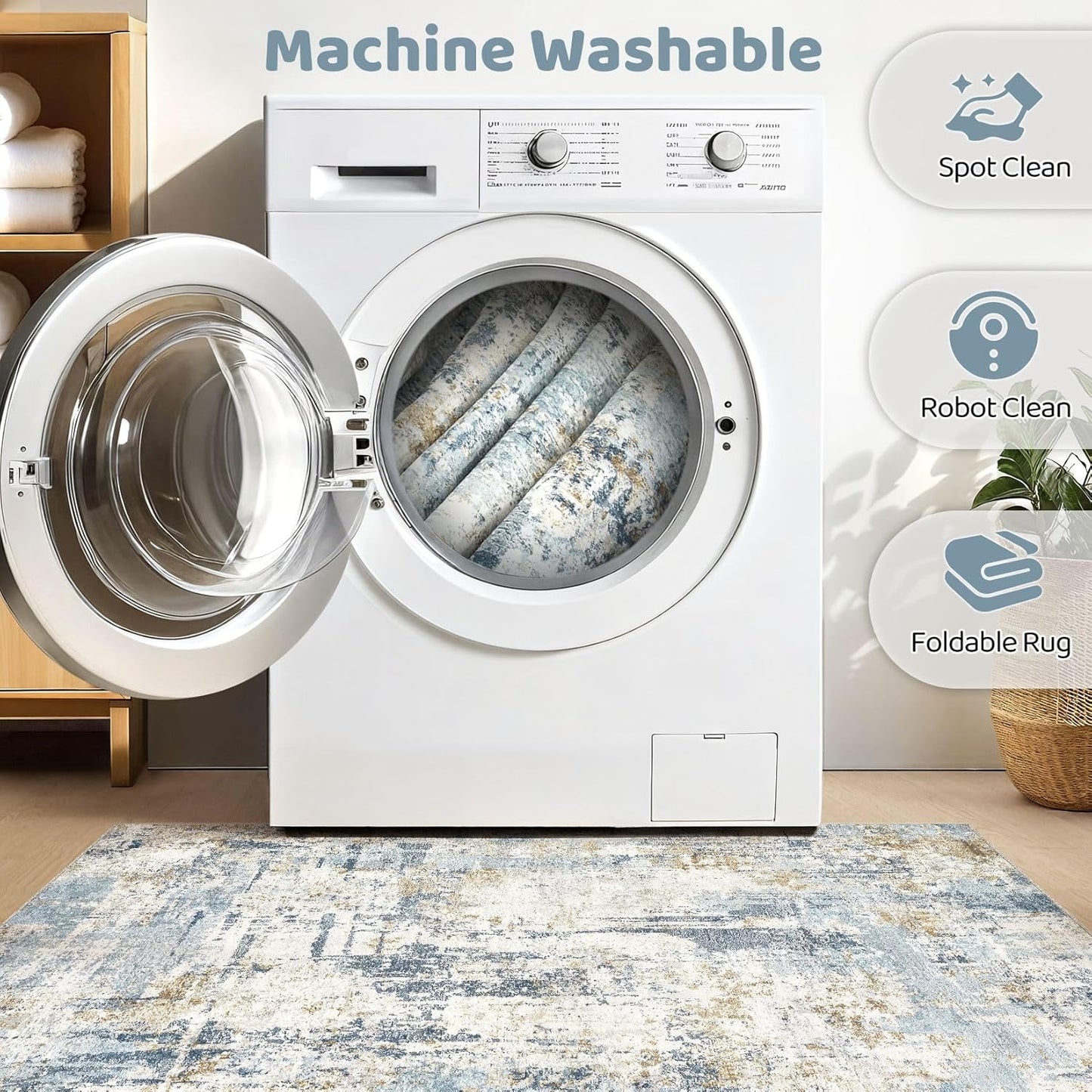 Round Rug Living Room Rugs: 10Ft Washable Circle Large Abstract Modern Soft Stain Resistant Non Slip Indoor Floor Carpet for Bedroom Nursery Office Dining Room Dorm Home House Decor- Light Blue