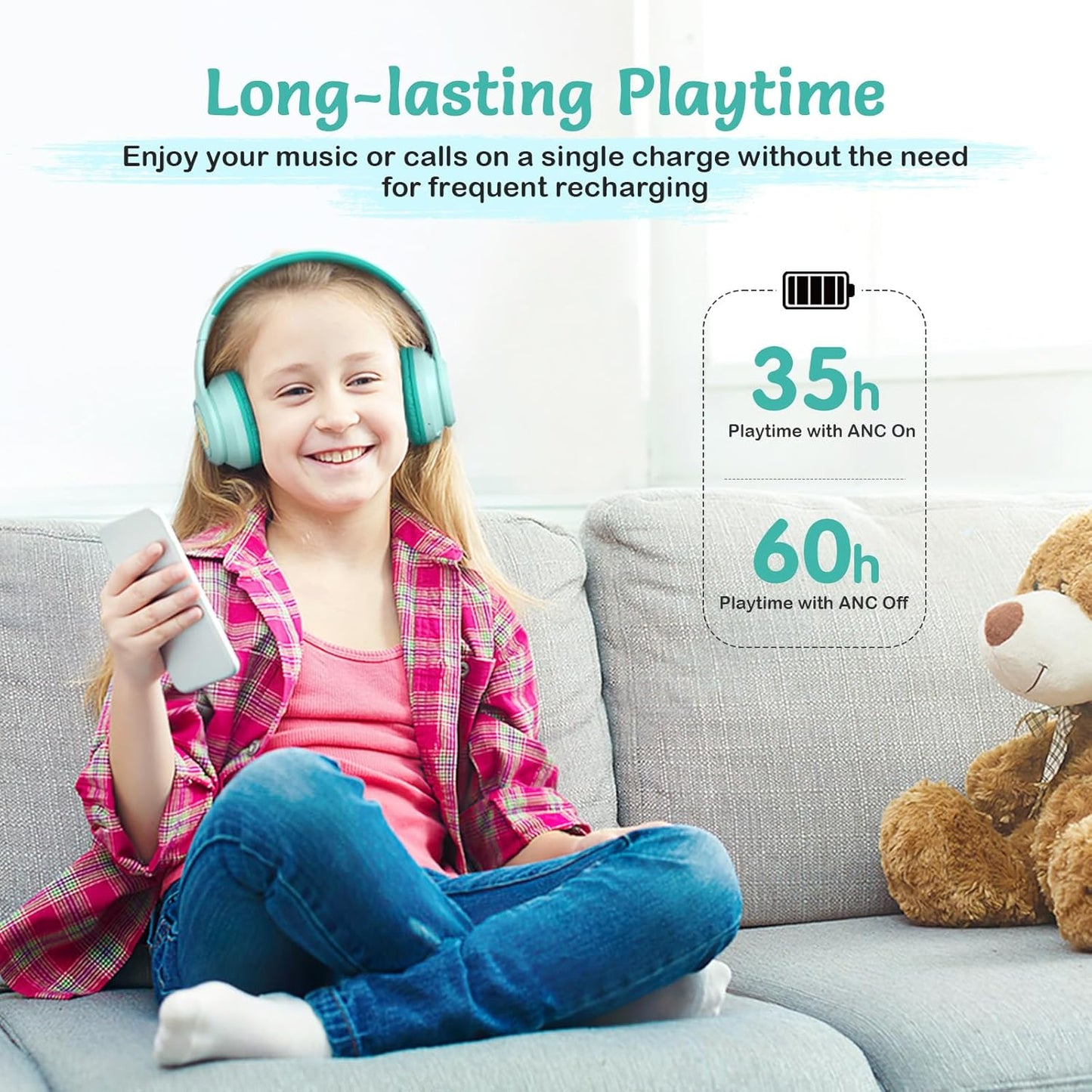 Active Noise Cancelling Kids Headphones, 60H Playtime, Wireless Bluetooth Over-Ear Headset, Built-in Microphone for Home/School/Travel/Party - Includes Portable Case