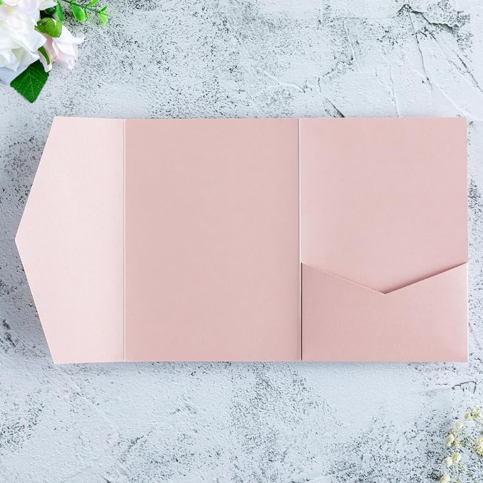20 PCS Blush Pink Tri-fold Laser Cut Wedding Invitation Pockets for 5x7 Wedding Cards Bridal Shower Engagement Quinceanera Invitation