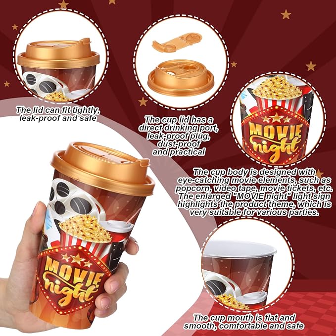 Yungyan 36 Sets Movie Night Party Favors Goodie Cups with Lids and Straws for Halloween Party Decorations Reusable 16oz Plastic Candy Cups Plastic Straws for Birthday Gift(Movie Night)